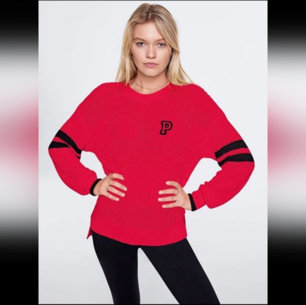 PINK VS Boyfriend Crewneck Sweater Red "Lettermen"w/ Blk Details Rare/Htf 😍💎🔥